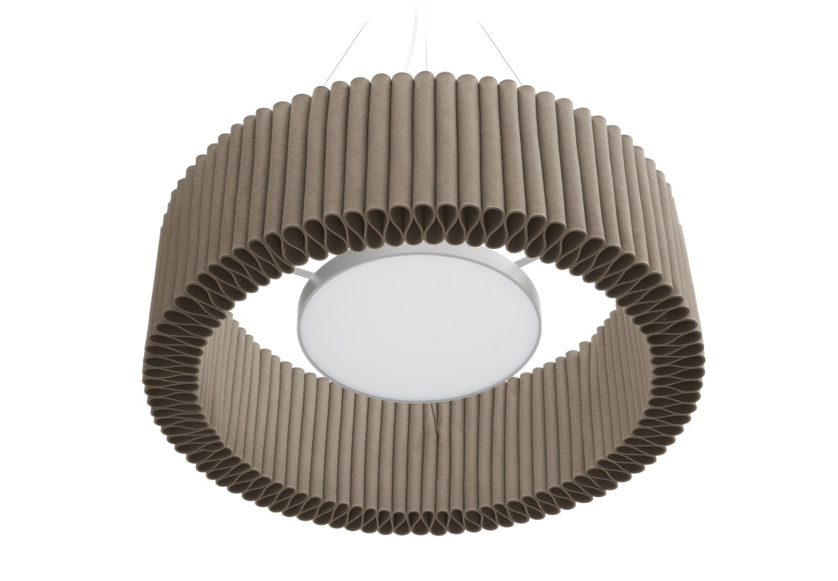 Welle Deckenobjekt von HEY-SIGN: Runde, moderne Filzlampe in Taupe mit LED-Leuchte, hängend.