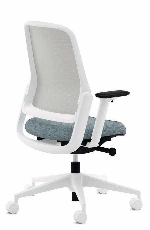 Wilkhahn 164/7 ME Drehstuhl, Bürostuhl mit weißem Rahmen, grauem Sitzpolster und Netzrücken, ergonomisch und modern.