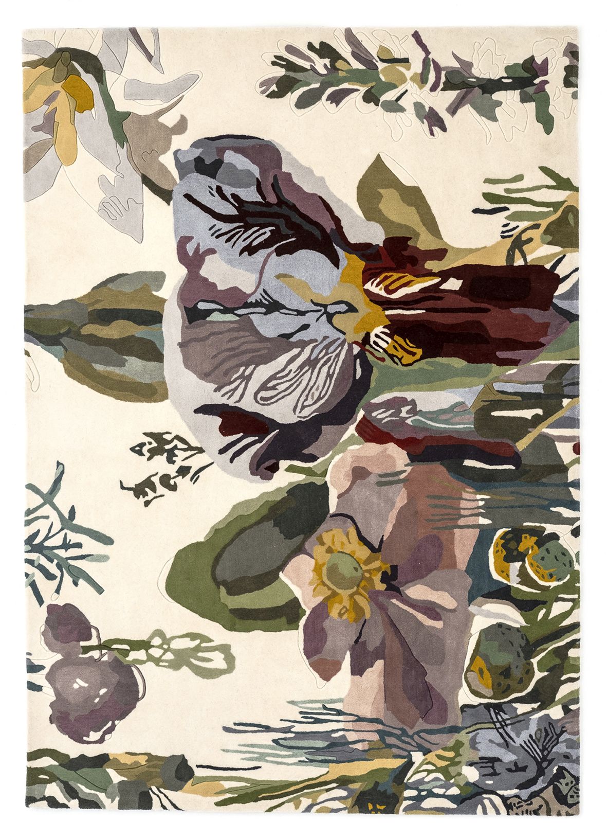 Detailansicht des Flora Teppichs von Nanimarquina mit abstraktem Blumenmuster in gedeckten Farben.