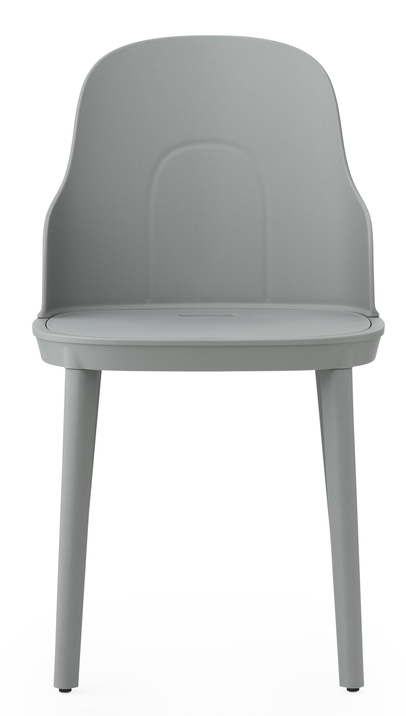 Allez Chair von Normann Copenhagen, grauer Kunststoffstuhl mit Rückenlehne und vier Beinen, Frontansicht.