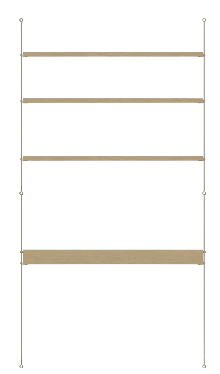 Arbeitsplatz KONFIGURATIONEN W4 String Furniture: Wandregal mit vier hellen Holzregalböden und grauen Seitenteilen.