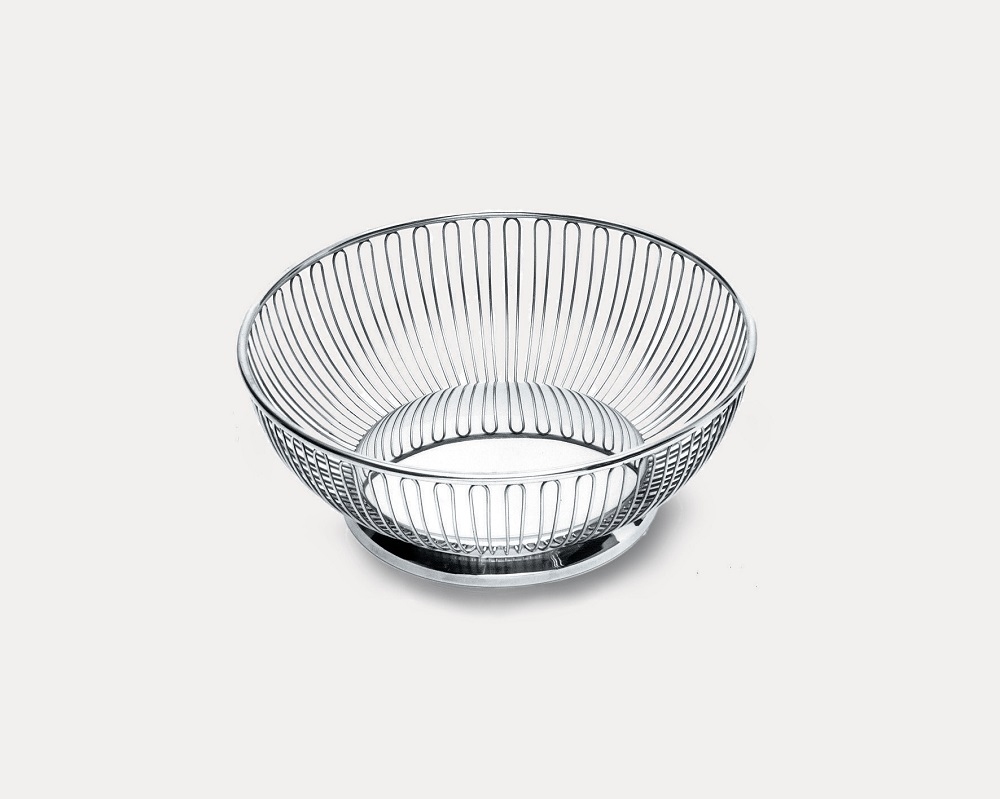 Alessi Drahtkorb 826/24: Runder, silberner Obstkorb aus Drahtgeflecht für Küche und Esstisch.