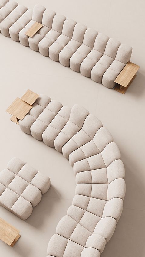 Beige Array Sofa System von MDF Italia, modulares Design mit Holztischen, Vogelperspektive.