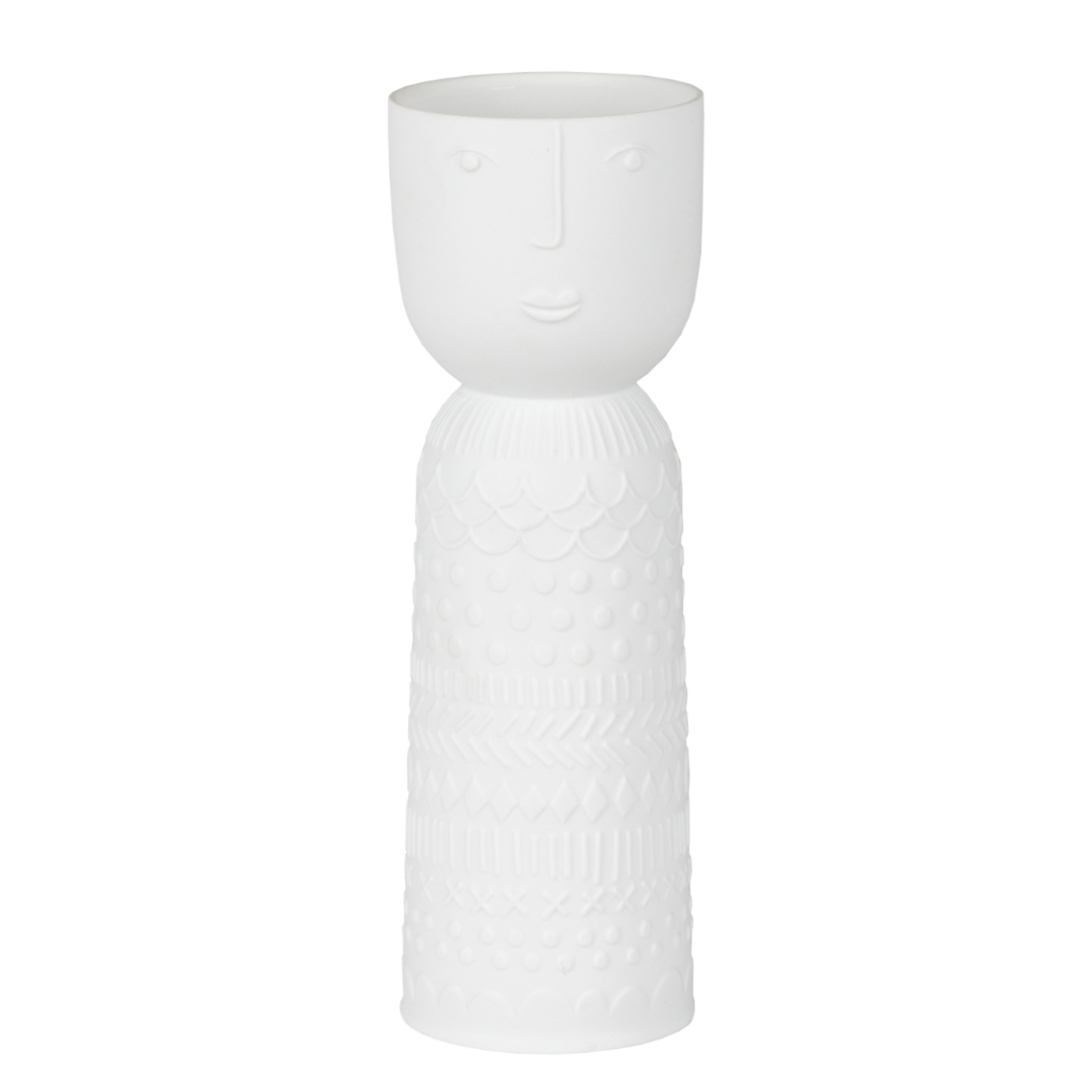 Weiße Räder Vase aus der Naturgestalten Serie mit Gesicht und Muster.