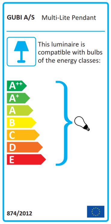 Energieeffizienzlabel für Gubi Multi-Lite Pendelleuchte, kompatibel mit Leuchtmitteln der Energieklassen A++ bis E.