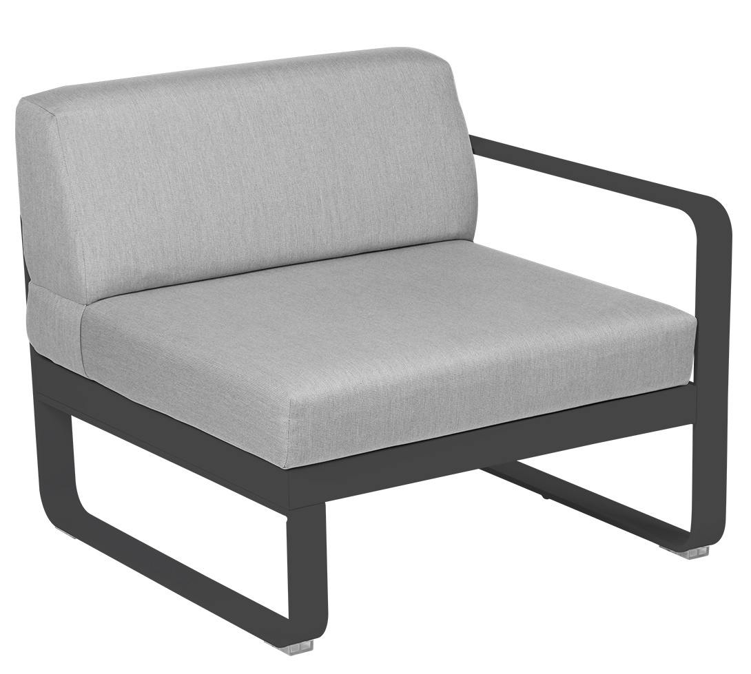 Bellevie 1-Sitzer Outdoor Sofa von Fermob, Modul rechts, grauer Stoffbezug und anthrazitfarbenes Gestell.