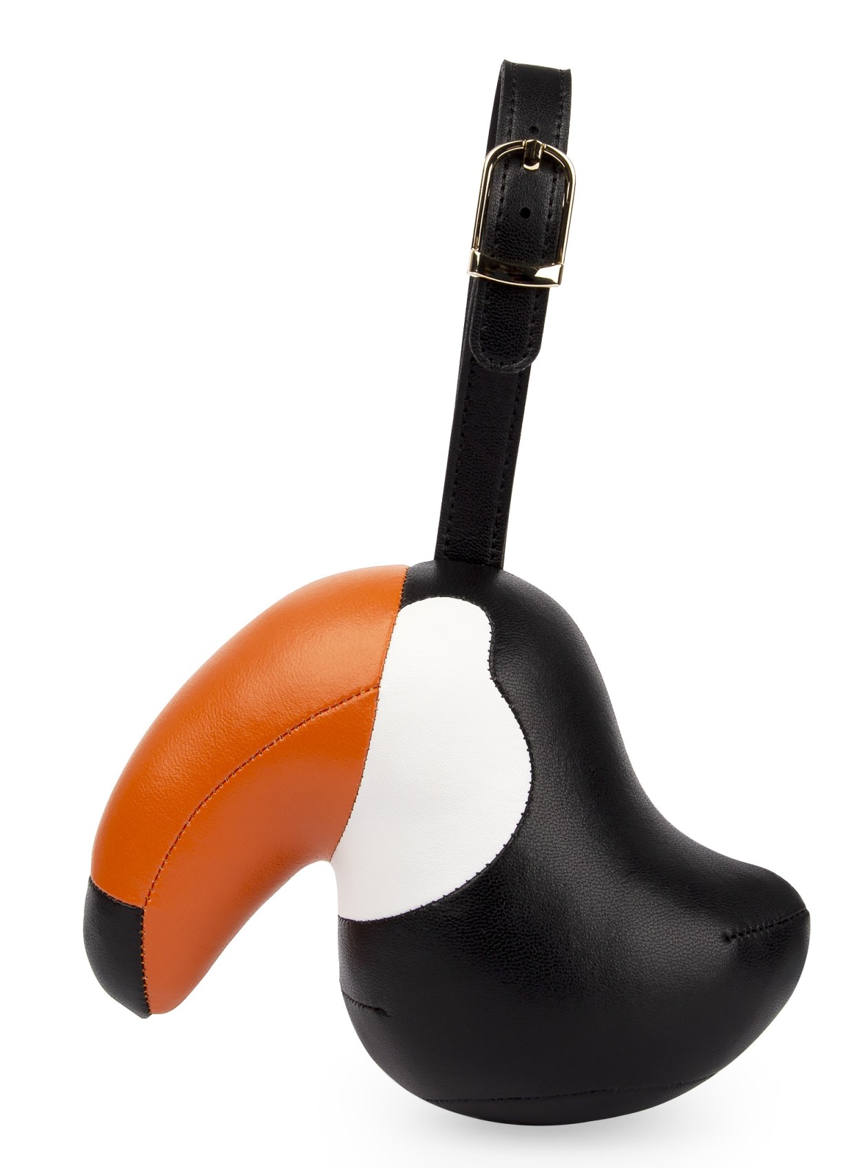 Bag Charm Taschenanhänger: Tukan Toco aus schwarzem und orangem Leder mit goldener Schnalle.
