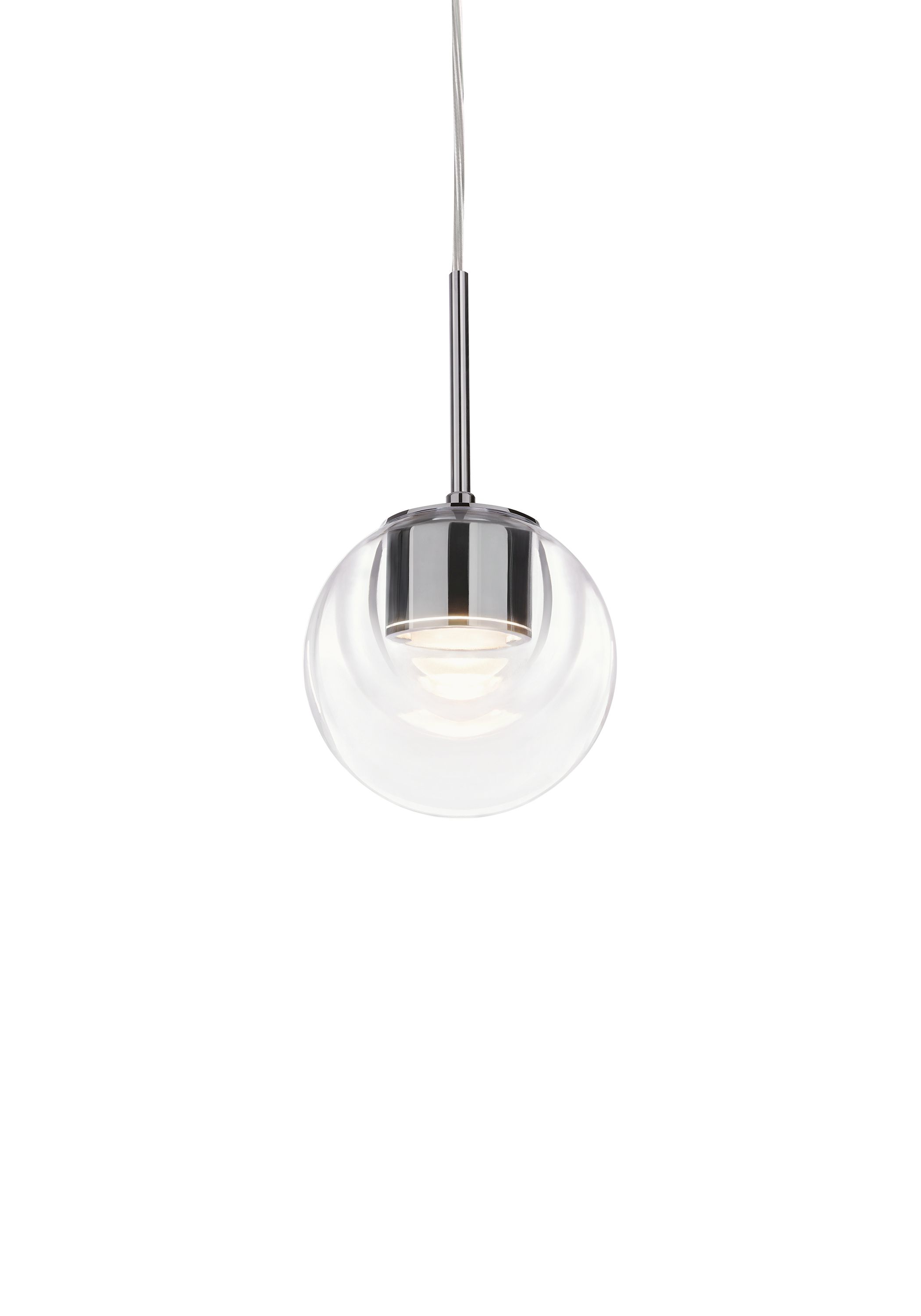 Dew Pendelleuchte von Kdln: Moderne Hängelampe mit transparentem Glas und Chromdetails für Wohnräume.