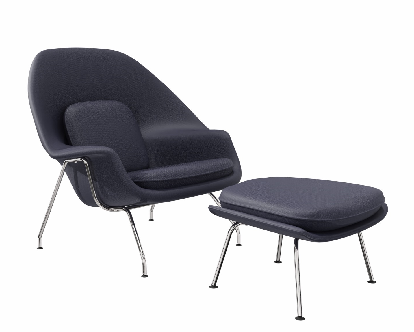Blauer Womb Chair Sessel von Knoll International mit passendem Hocker und verchromten Beinen.