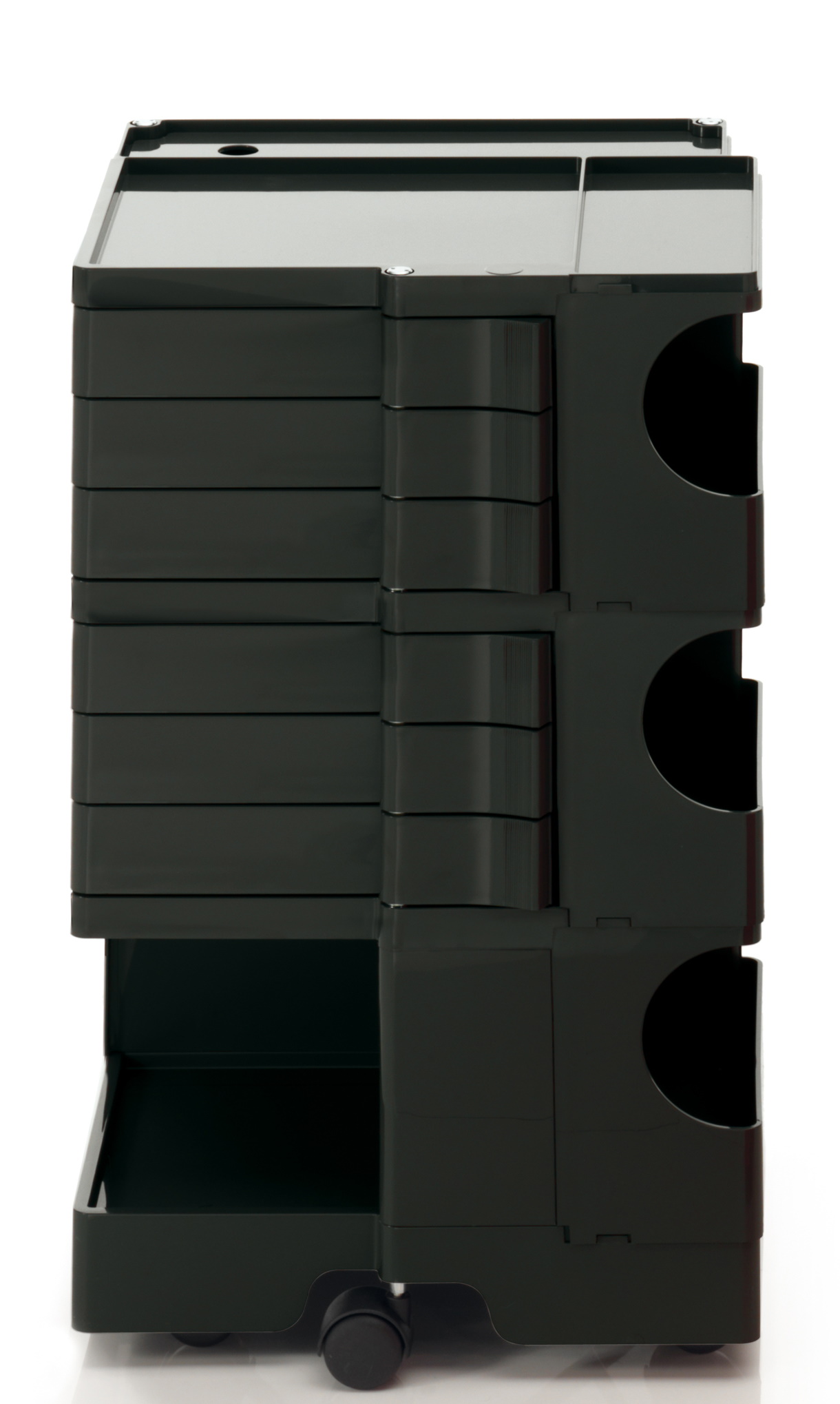 Schwarzer Boby B36 Rollcontainer mit Schubladen und Fächern für Büro oder Arbeitszimmer.