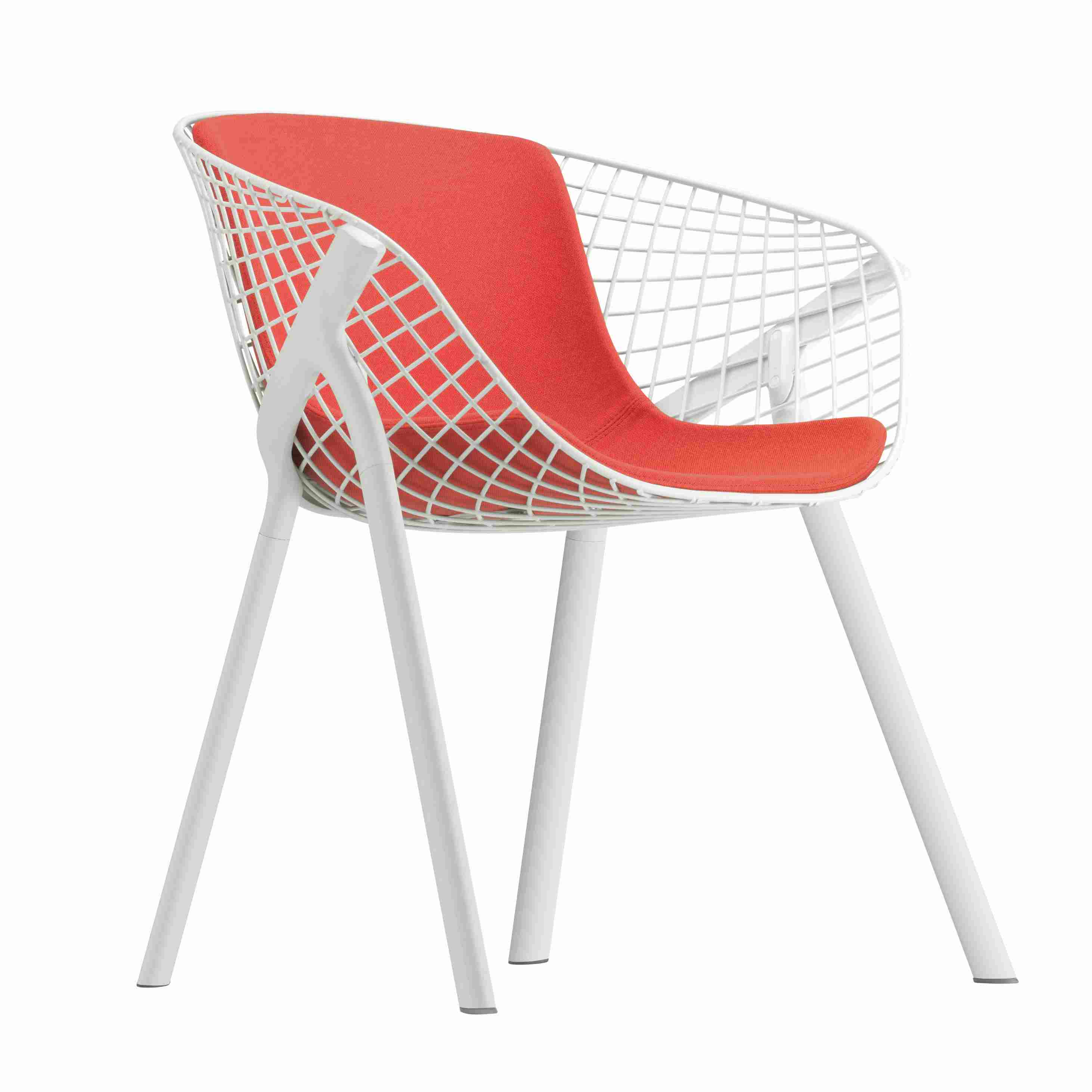 Kobi Chair: Weißer Designer Stuhl mit roter Sitzfläche für modernes Wohnen und Büro.