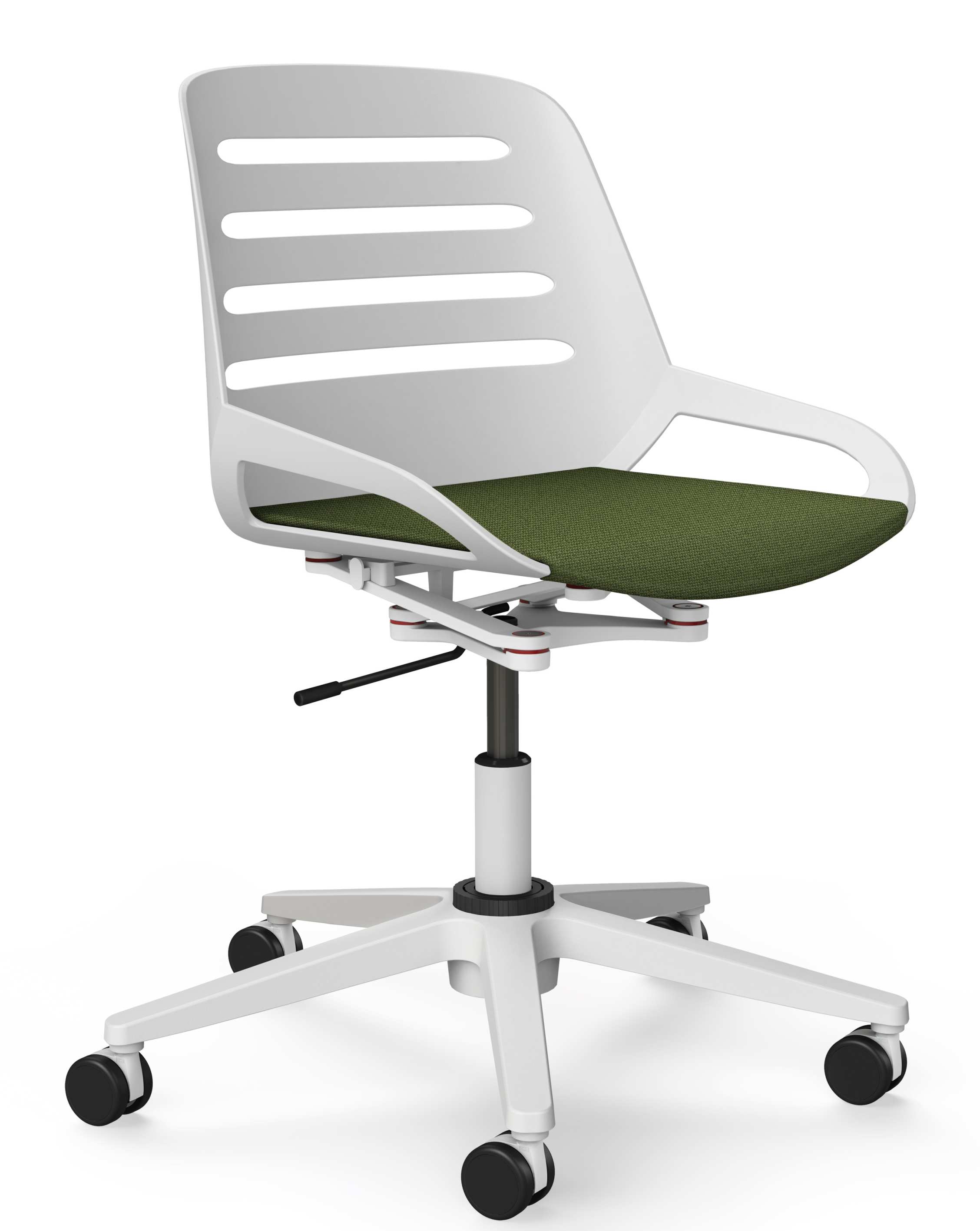 Numo Drehstuhl von Aeris mit weißem Gestell, grüner Sitzfläche und Rollen für das Büro.
