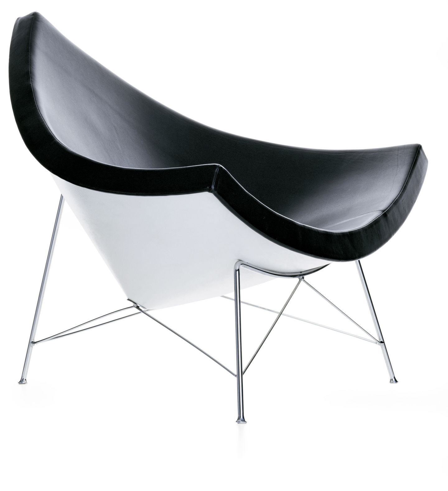 Vitra Coconut Chair mit schwarzer Sitzschale und weißem Untergestell, filigrane Chrombeine, modernes Design.