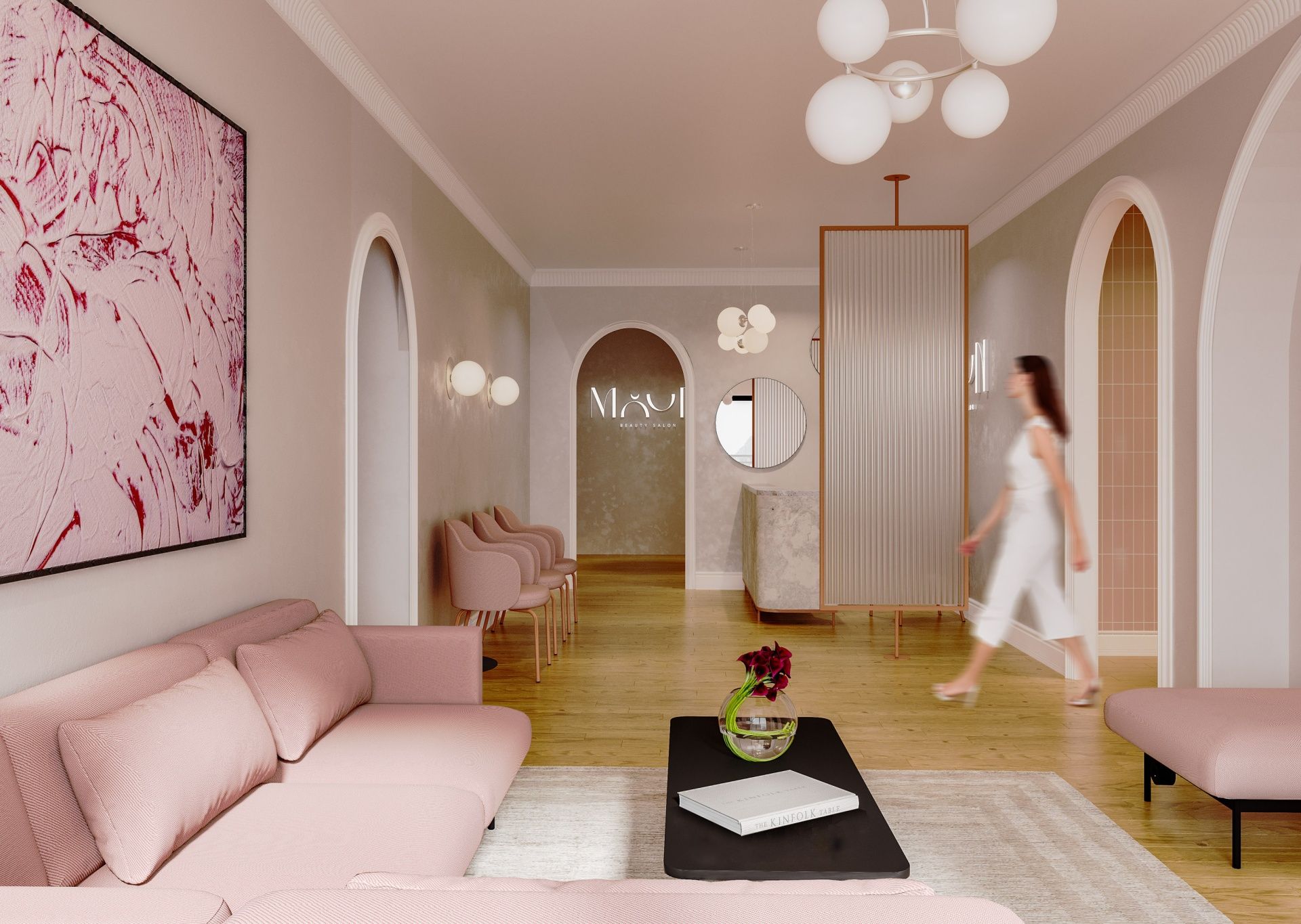 Rosa fora FR 422 Sofa 2-Sitzer Bejot im modernen Wartezimmer mit Kunst, Sesseln und Frau.