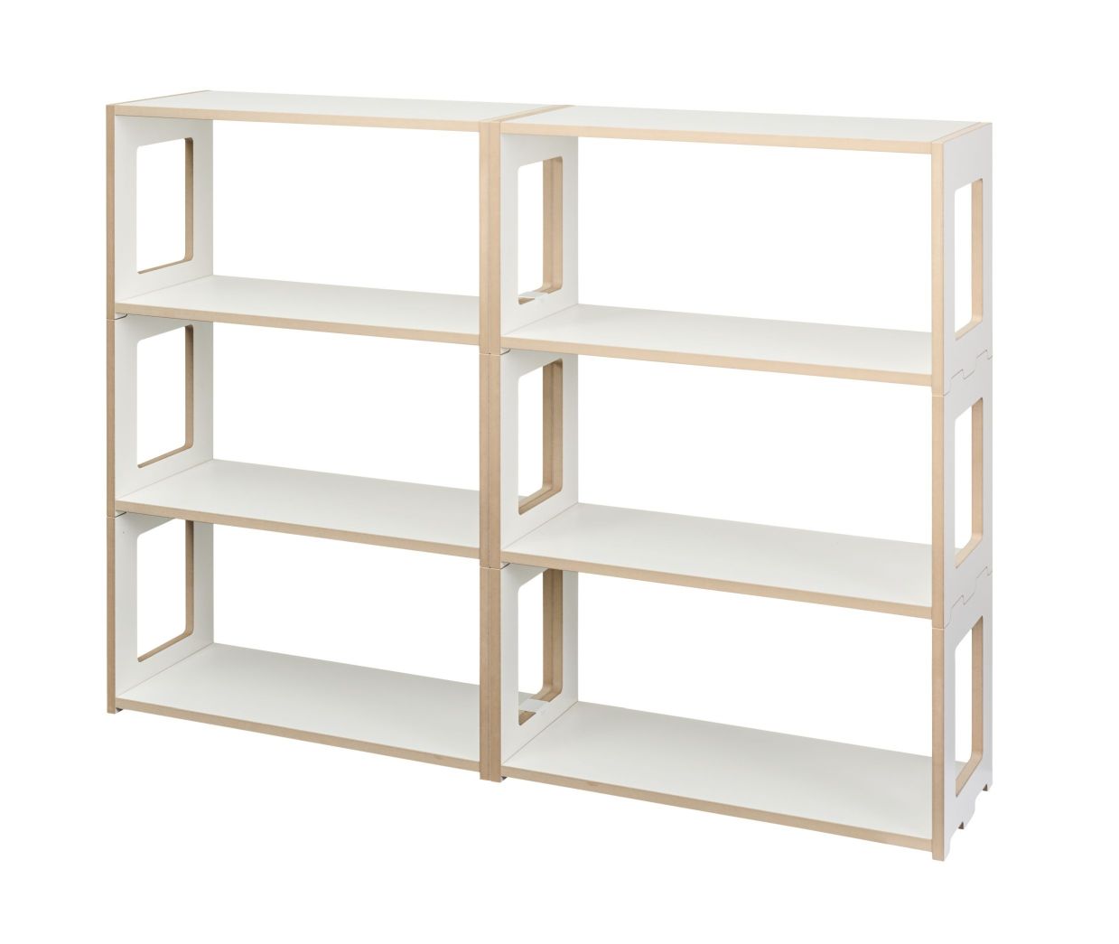 Weißes Tojo Hochstaplerregal Grundmodul Blick, ein modernes, modulares Regalsystem für Wohnzimmer und Büro.