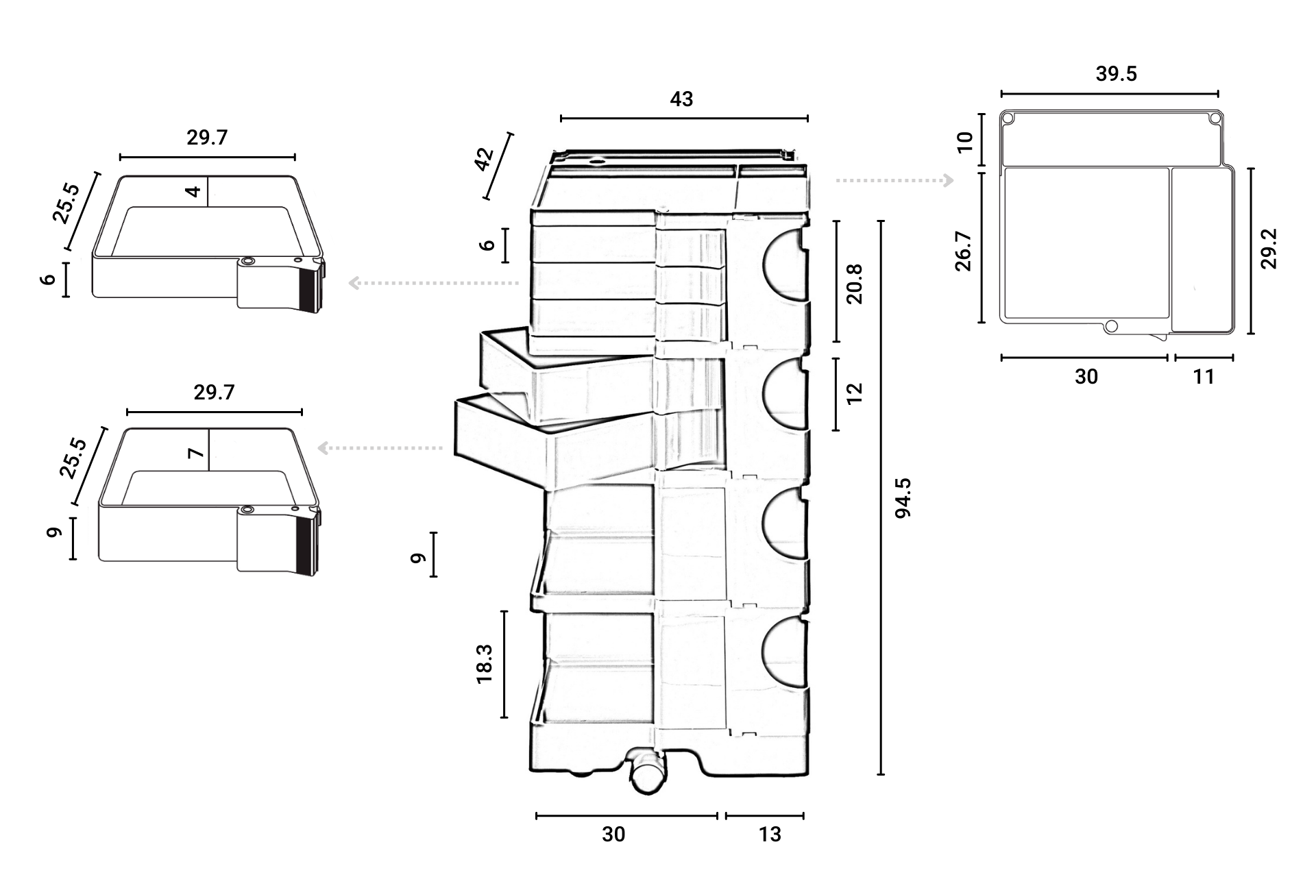 Technische Zeichnung des Boby B45 Rollcontainers in Rot mit Maßangaben für E-Commerce.