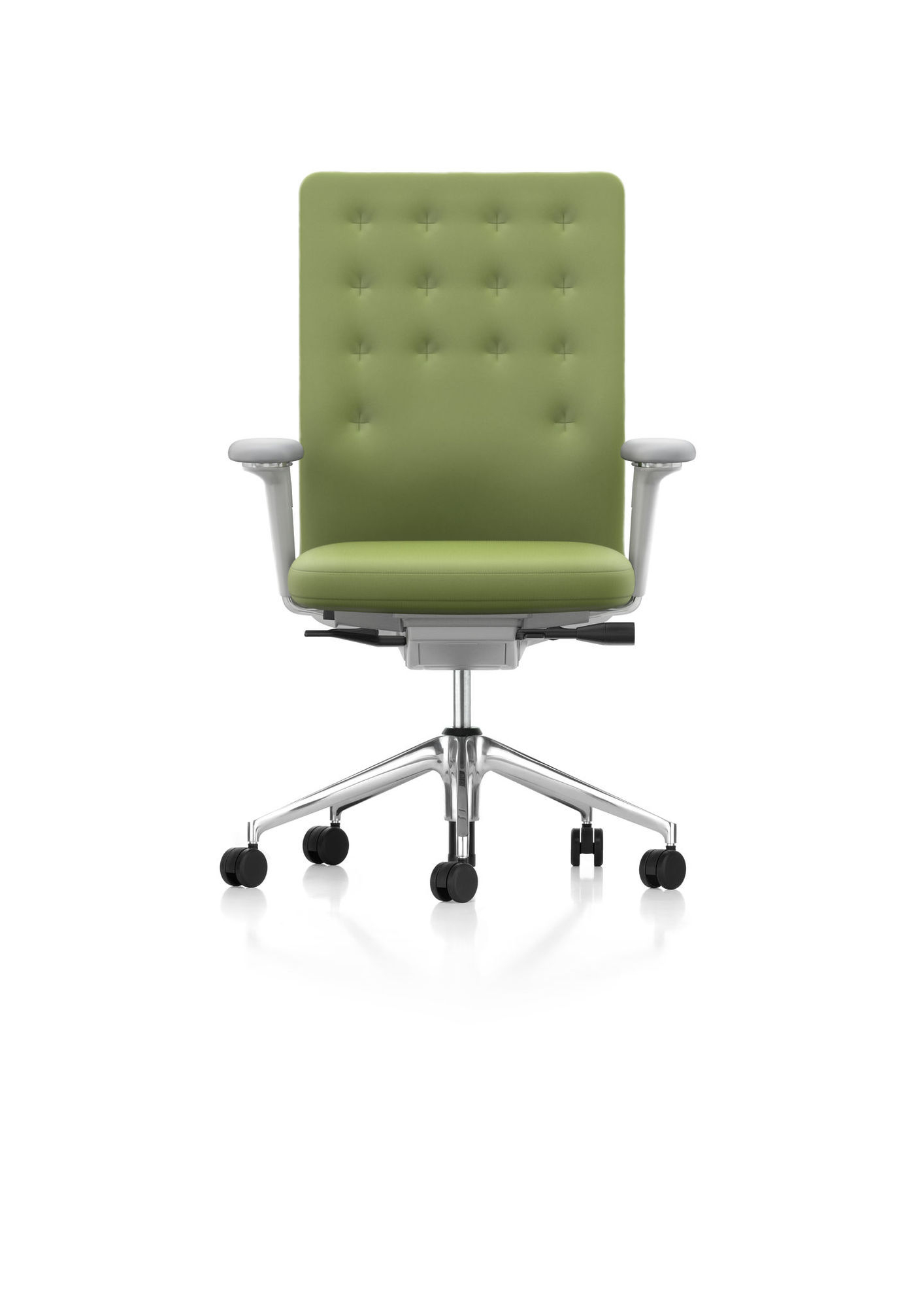 Grüner ID Chair Bürodrehstuhl von Vitra mit gepolsterter Rückenlehne und silberfarbenem Fußkreuz. Ergonomischer Bürostuhl für komfortables Sitzen.