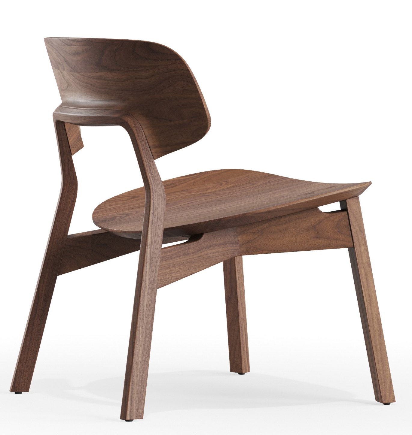 Nonoto Lounge Chair Cocktailsessel Zeitraum aus dunklem Holz, modernes Design mit geschwungenen Formen, Ansicht von der Seite.