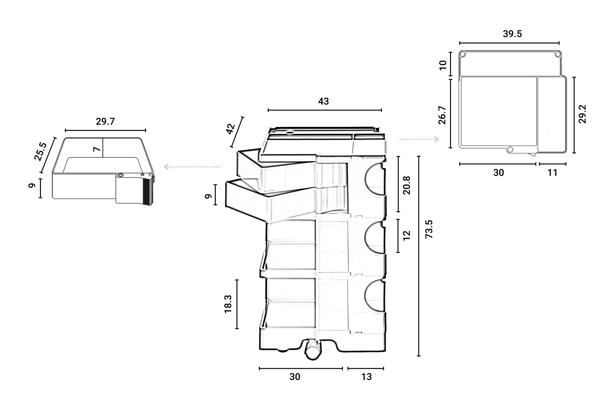 Technische Zeichnung des Boby B32 Rollcontainers B-Line mit Maßen und Ansichten. Büro Rollcontainer für Ordnung.