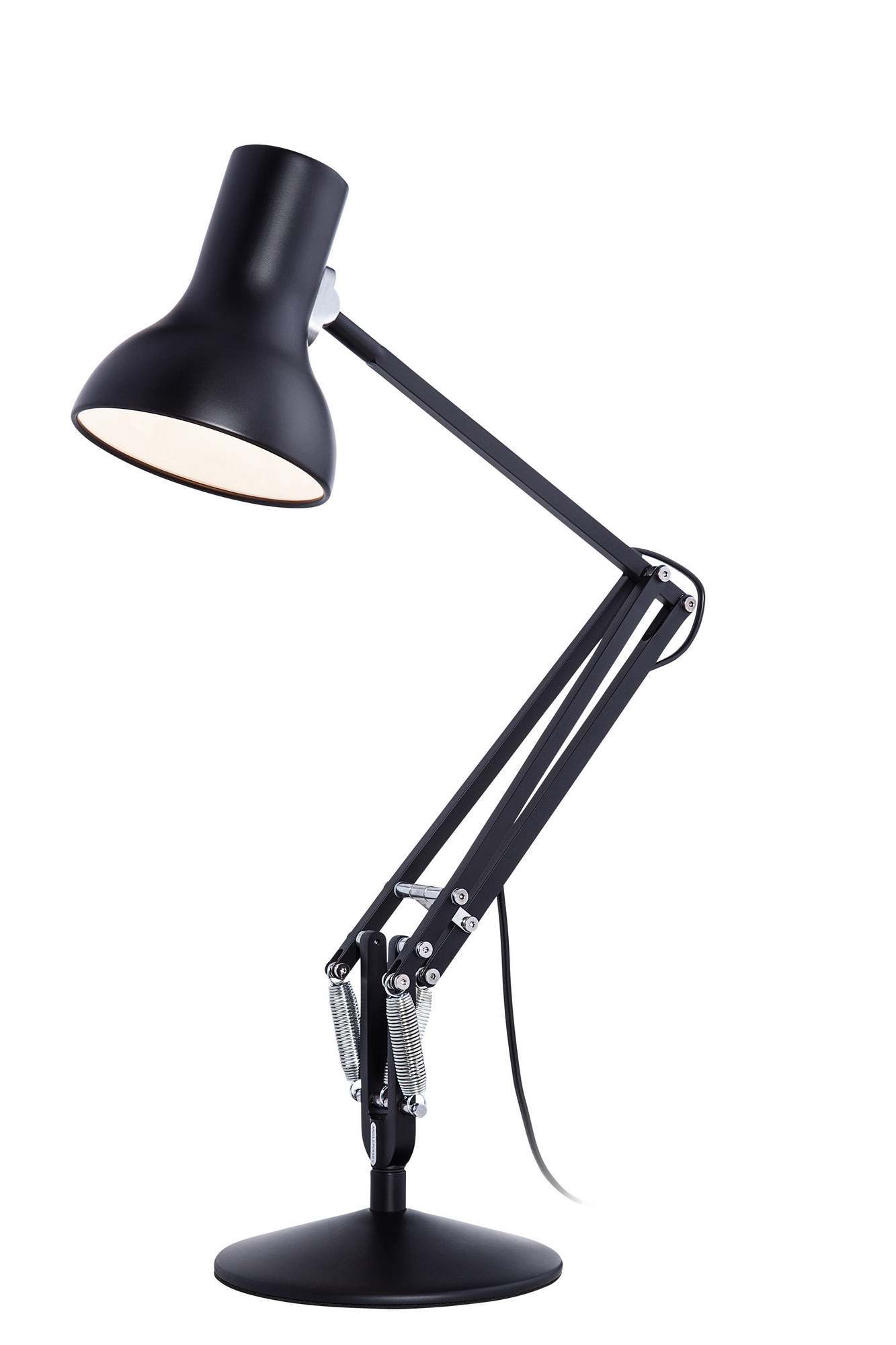 Schwarze Anglepoise Type 75 Mini Tischleuchte mit verstellbarem Arm und Lampenschirm für Schreibtisch oder Nachttisch.