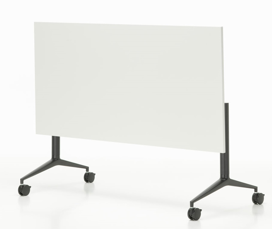 Vitra MedaMorph Klapptisch mit weißer Tischplatte und schwarzem Fußgestell auf Rollen, ideal als Arbeitstisch.