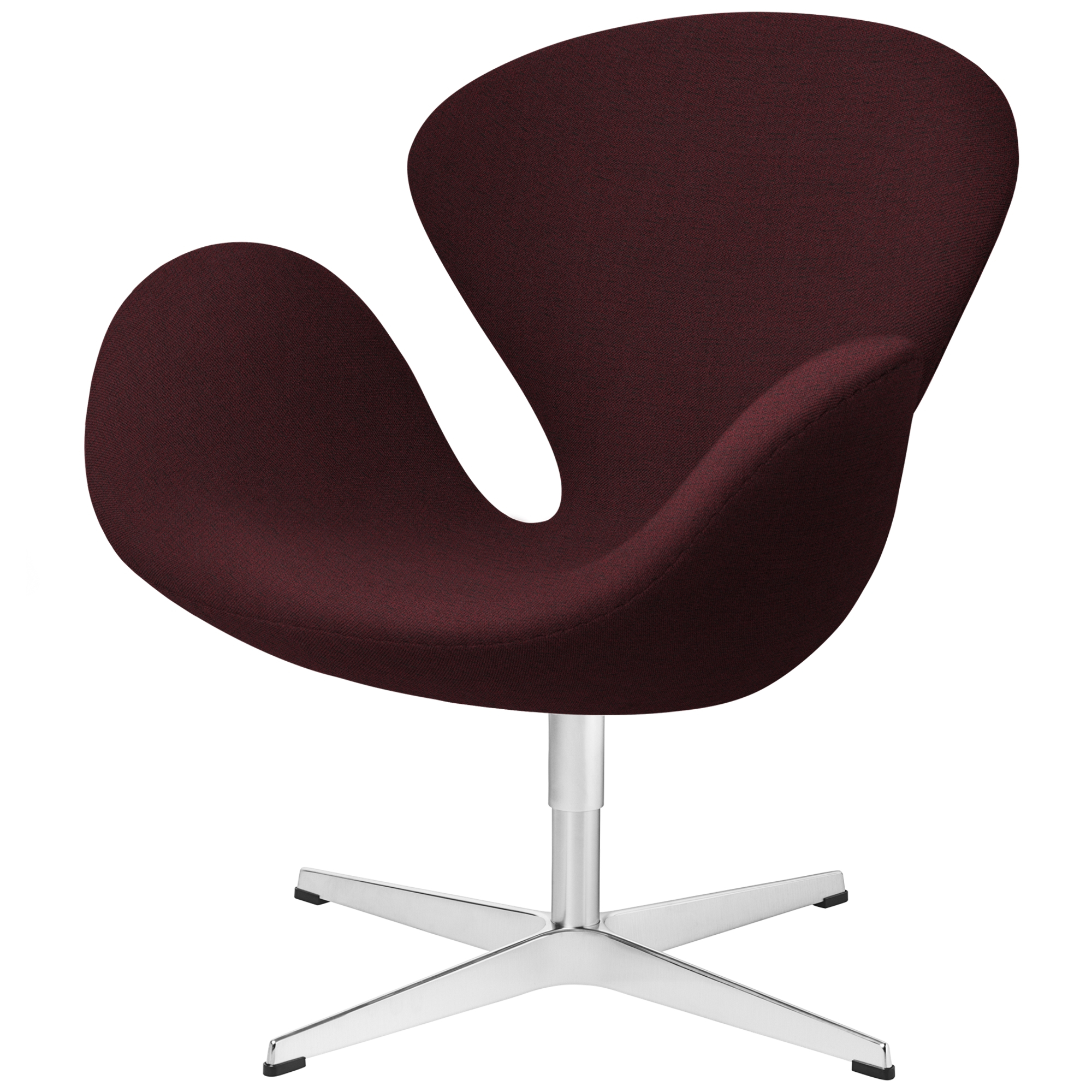 Burgunderroter Swan Sessel von Fritz Hansen mit Drehfuß aus Aluminium, ikonisches Designmöbel.