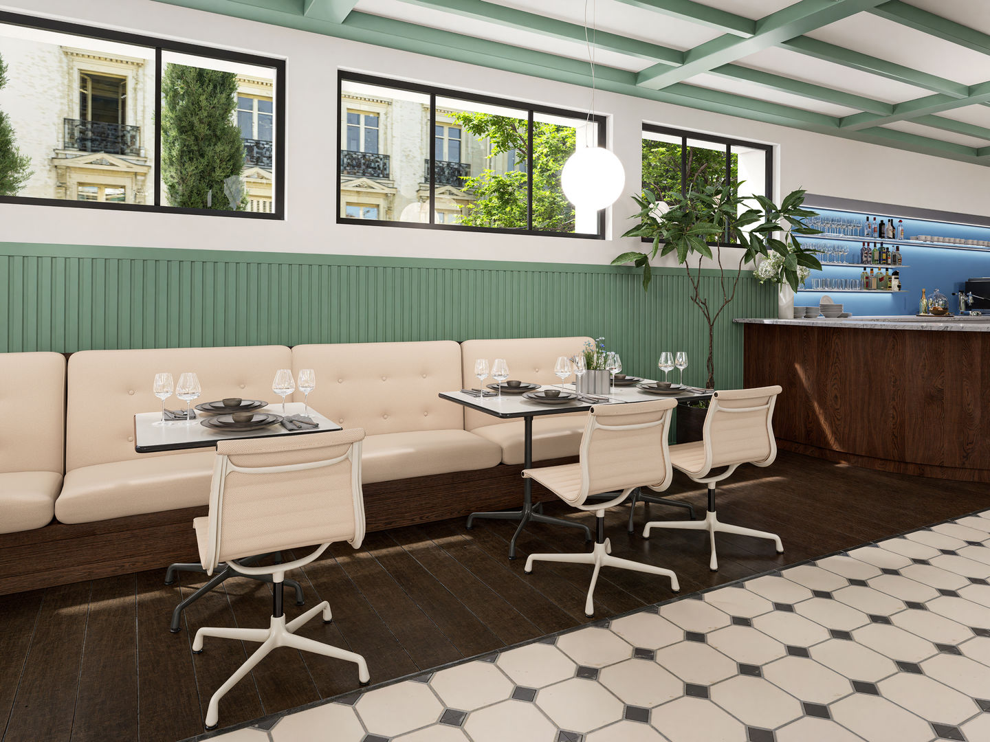 Beiger Aluminium Chair EA 104 von Vitra in stilvollem Restaurant-Ambiente mit gedecktem Tisch und Bar.