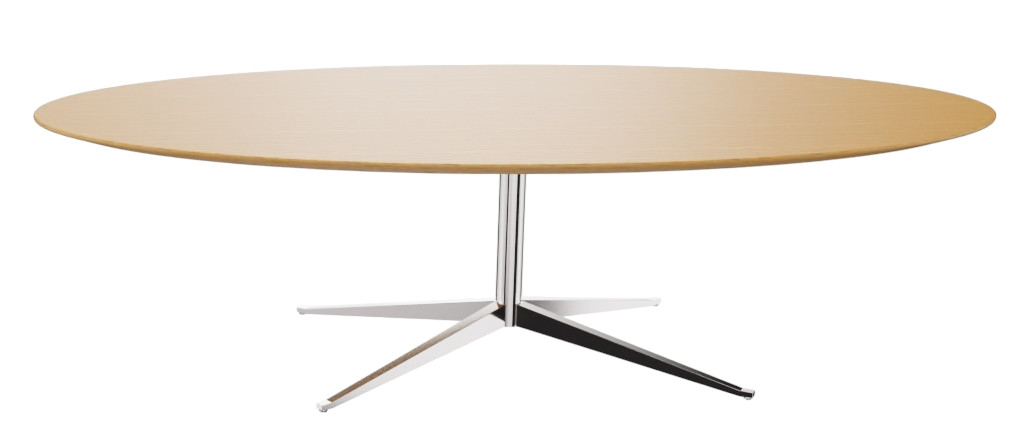 Florence Oval Table von Knoll International mit hellem Holzfurnier und verchromtem Fuß.