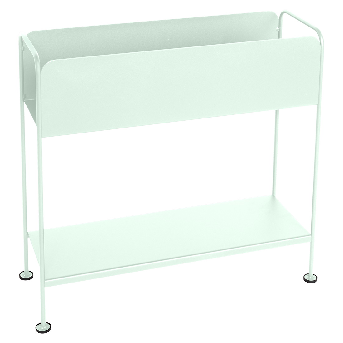 Heller, mintfarbener Picolino Blumentopf von Fermob für den Außenbereich, mit zwei Ablageflächen, minimalistisches Design.
