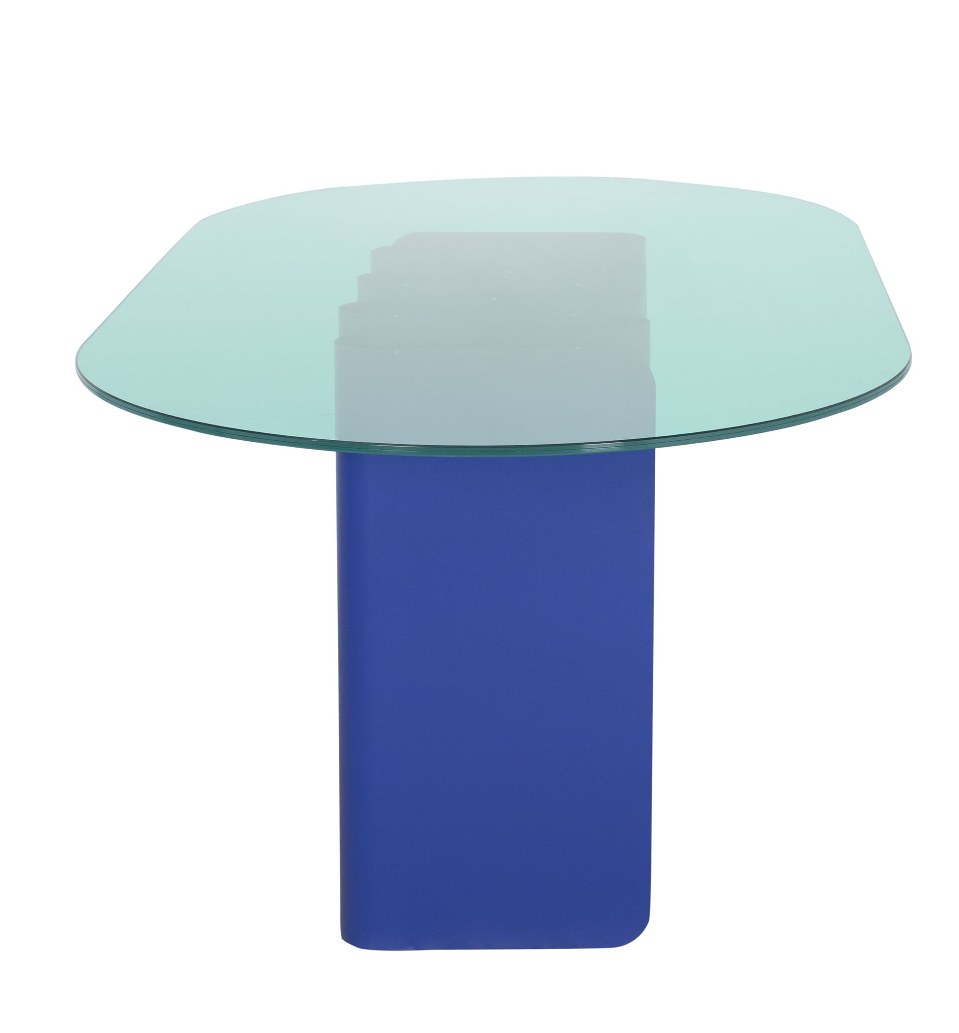Tavolo2 Esstisch von Pulpo mit runder Glasplatte und blauem, zylinderförmigem Fuß.
