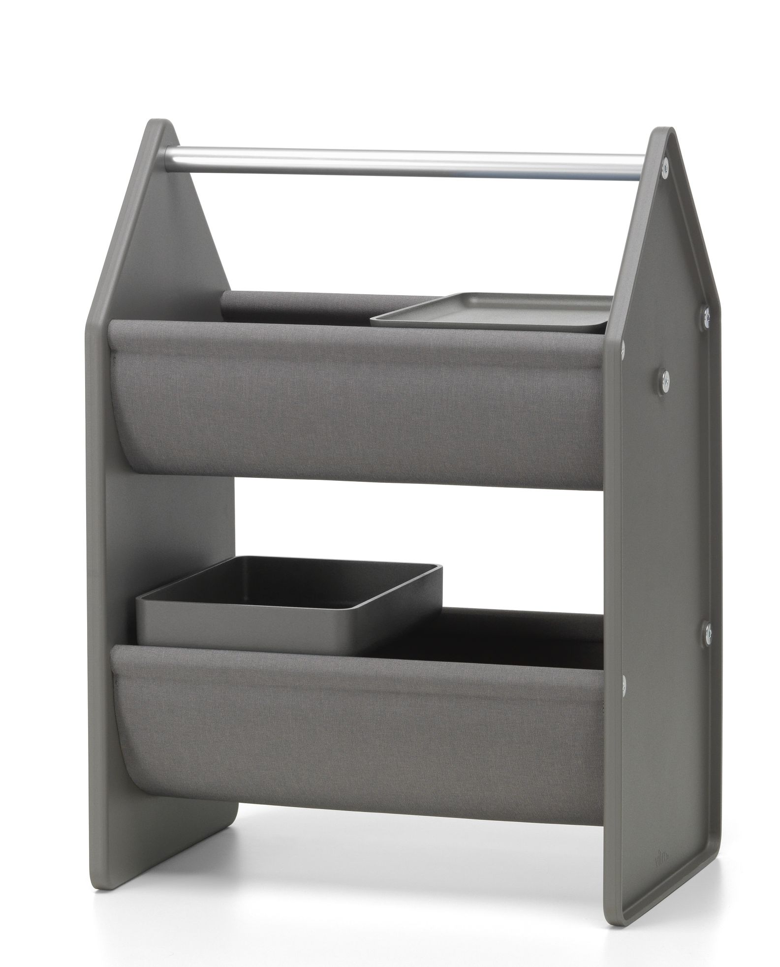 Graue Vitra Drop Box Aufbewahrungsbox mit zwei Stofftaschen und Ablageschalen für Büro oder Kinderzimmer.