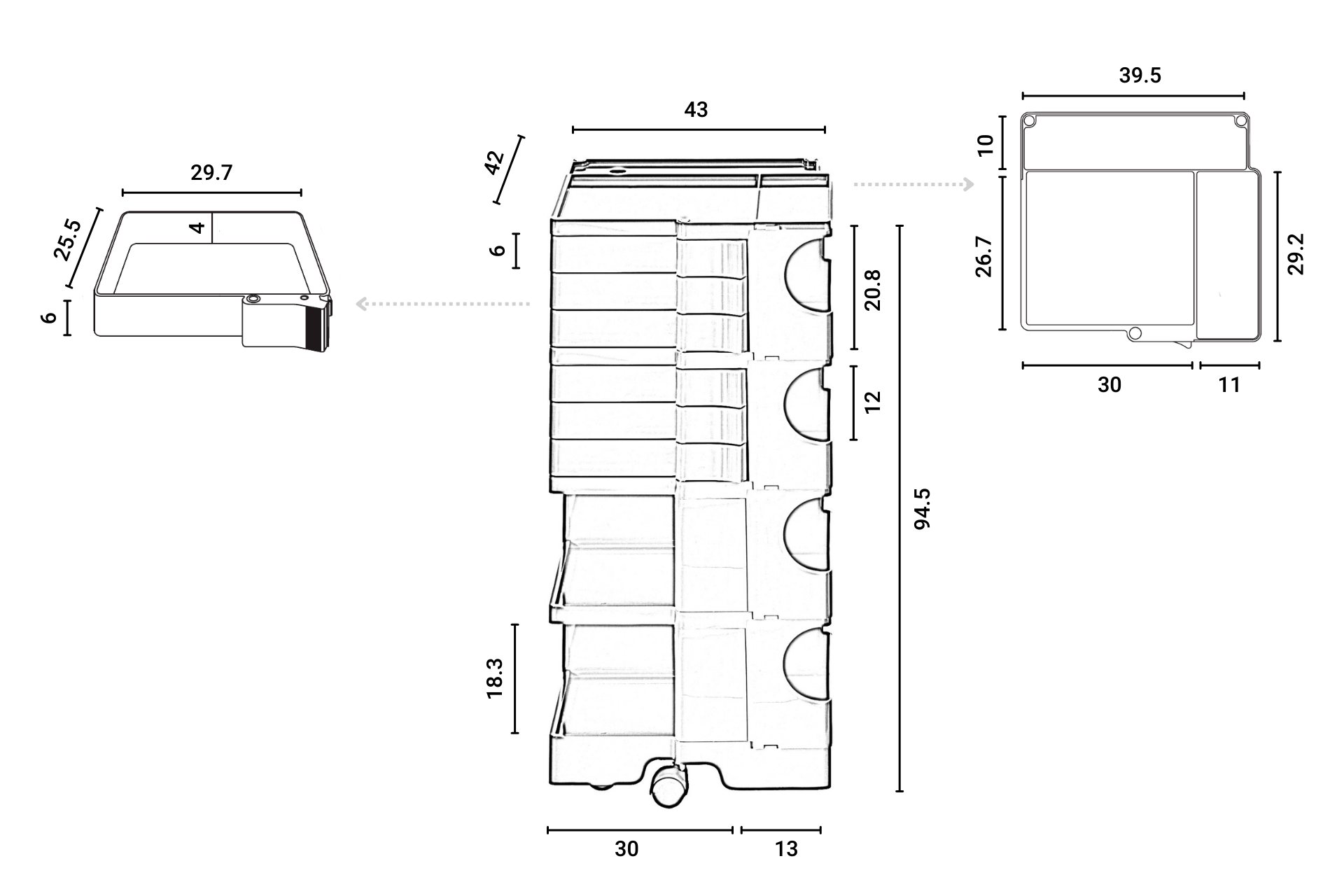 Maßzeichnung des Boby B46 Rollcontainer Schwarz B-Line mit detaillierten Abmessungen für E-Commerce.