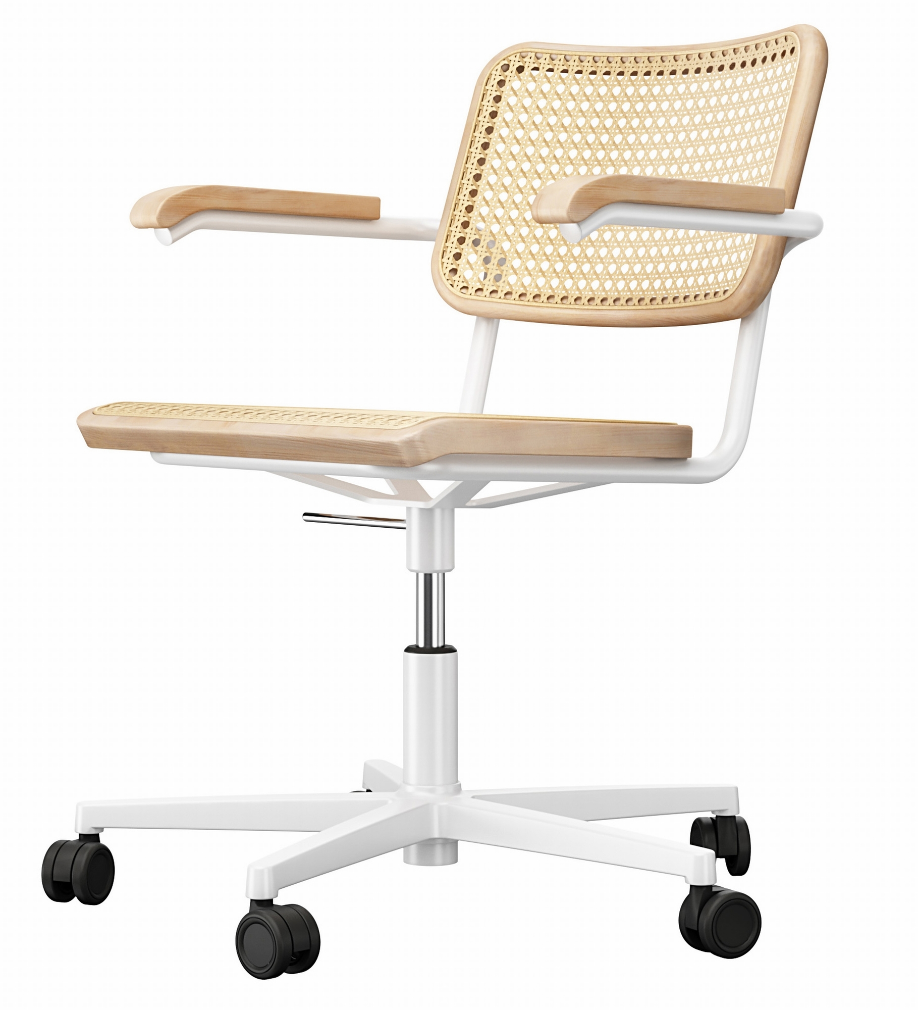 S 64 VDR Thonet Drehstuhl mit Wiener Geflecht, Armlehnen und flachem Chrom-Gestell auf Rollen.