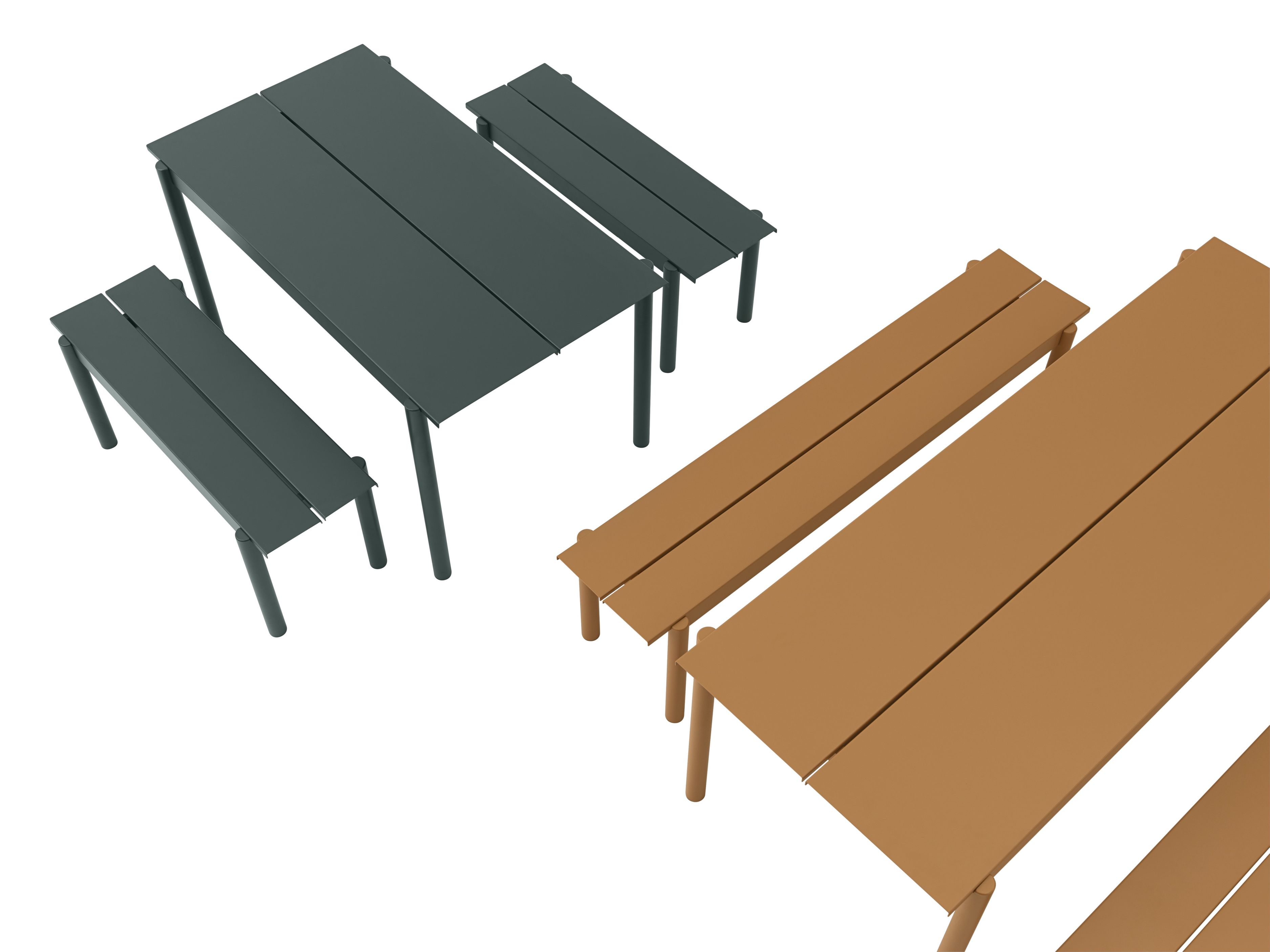 Muuto Linear Steel Outdoor Bank in Grau und Braun, moderne Gartenbank für Terrasse und Garten.
