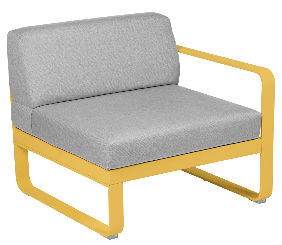 Bellevie 1-Sitzer Modul Sofa rechts von Fermob für den Außenbereich, gelbes Gestell, graue Polster.
