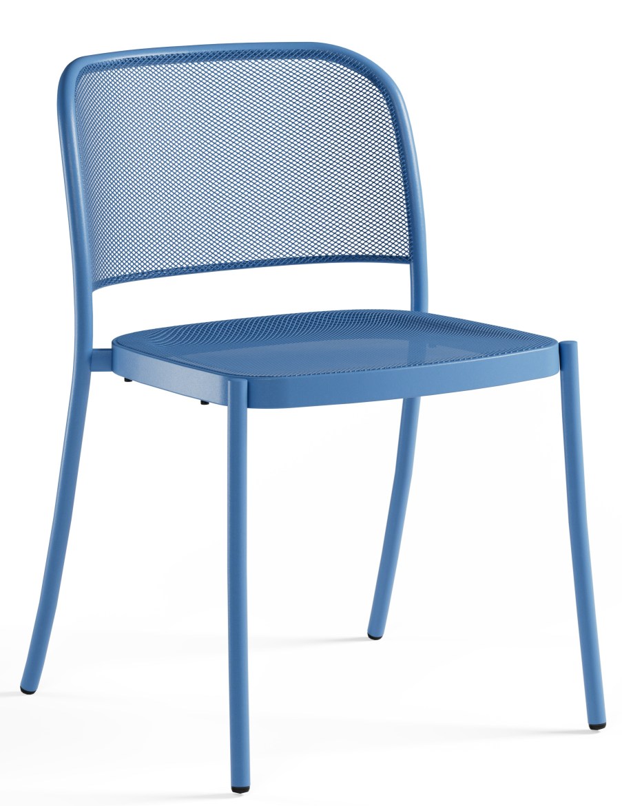 Blauer Café Chair Stuhl von Emu für den Außenbereich, mit Netzstruktur und minimalistischem Design.