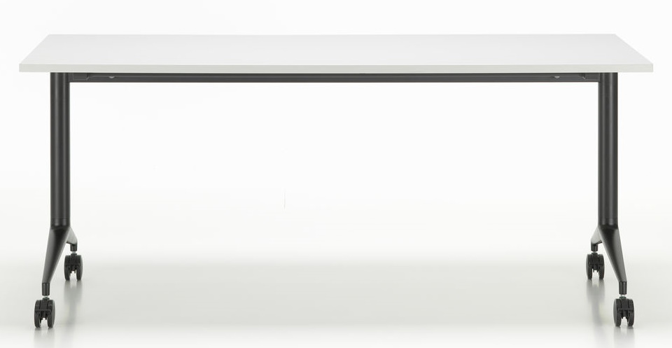 Vitra MedaMorph Klapptisch mit weißer Tischplatte und schwarzem Gestell mit Rollen, Frontansicht.
