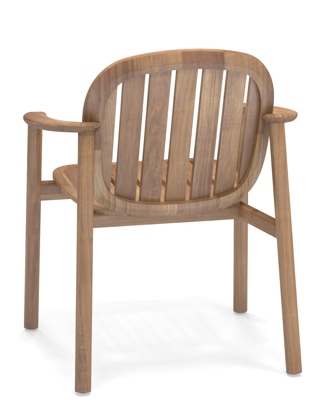 Rückansicht des Twins Stuhls von Emu, ein Outdoor-Stuhl aus hellem Holz mit Armlehnen.