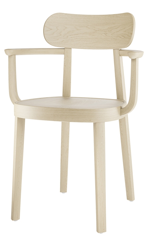 Holzstuhl mit Armlehnen, Modell 118MF von Thonet, in hellem Holz, Ansicht von vorne.