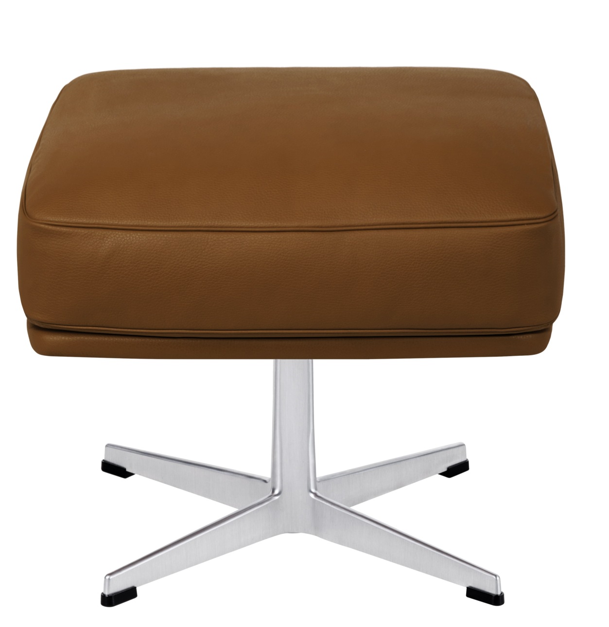 Brauner Oksen Hocker von Fritz Hansen mit Lederbezug und silberfarbenem Fußkreuz.
