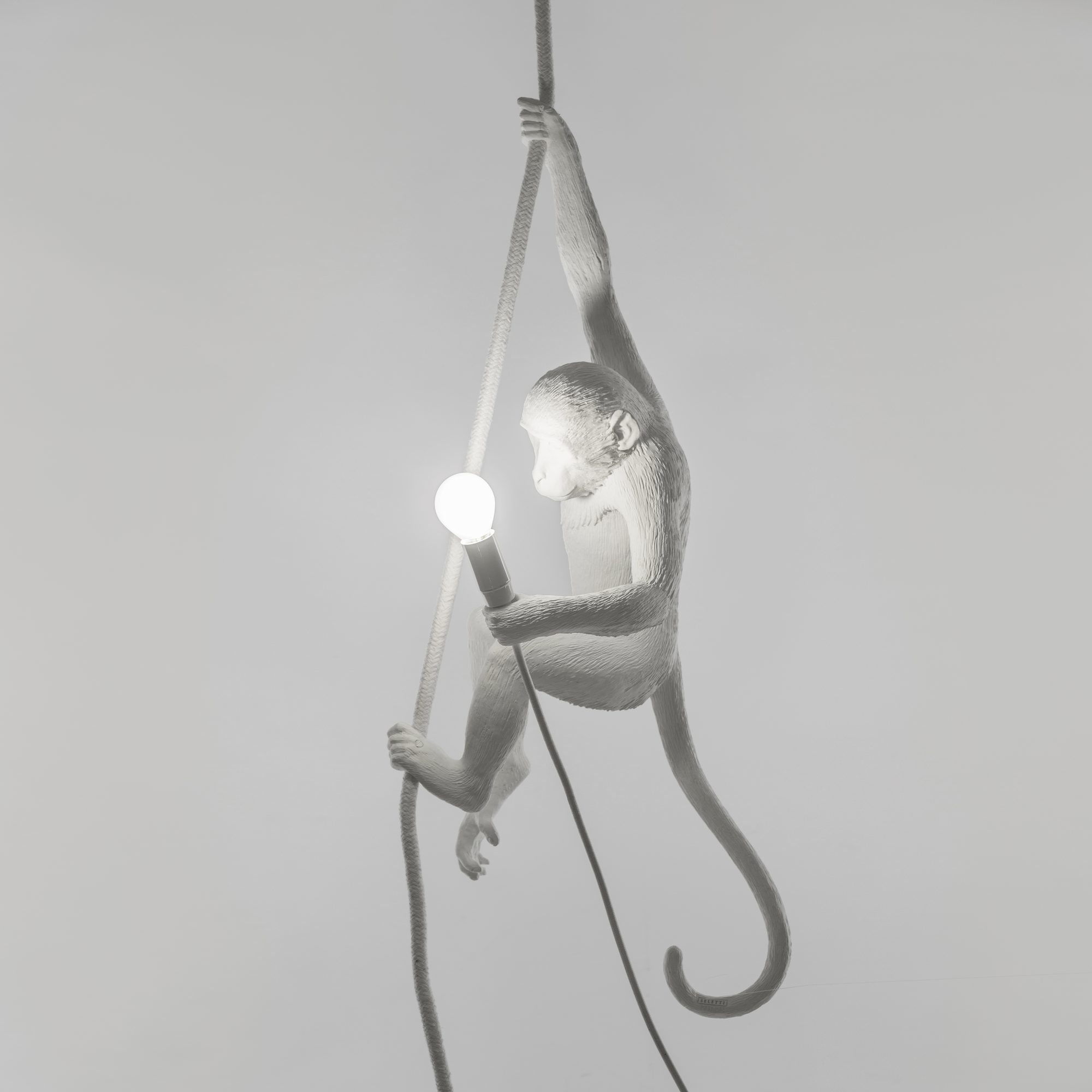 Weiße Monkey Lamp Pendelleuchte von Seletti, Affe hält Glühbirne an einem Seil, Indoor-Beleuchtung.