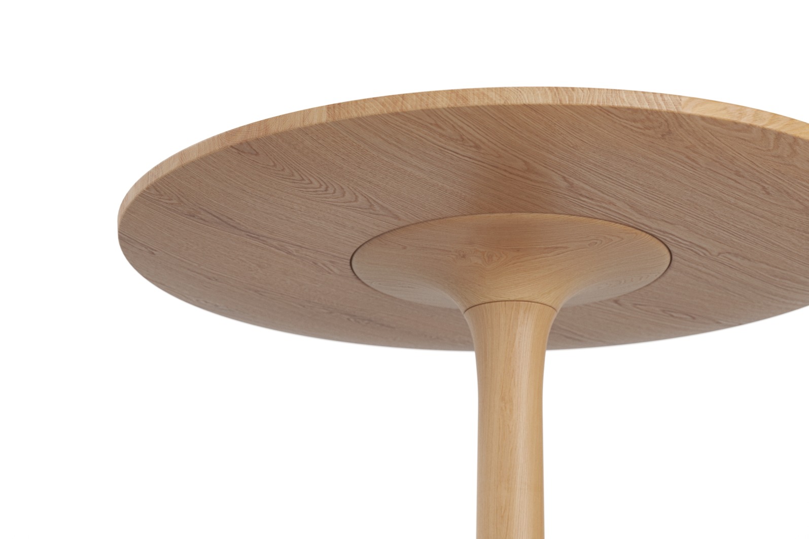 Detailaufnahme des Turntable Couch Beistelltisches Zeitraum aus hellem Holz mit runder Tischplatte und Säulenfuß.