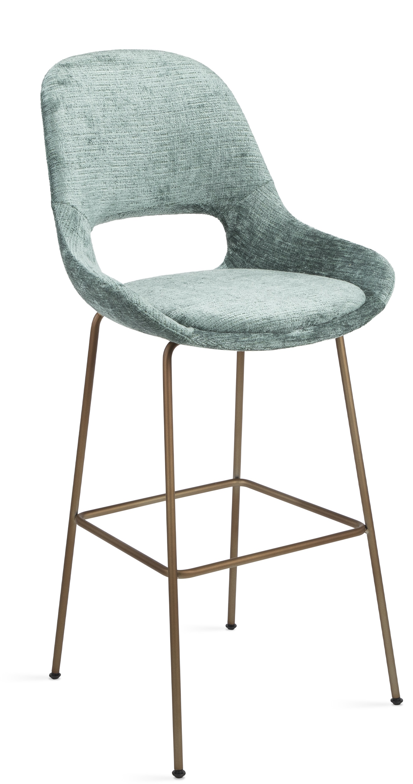 Theia Barhocker von Freifrau Manufaktur: Moderner, niedriger Barstuhl mit mintgrünem Bezug und Metallgestell.