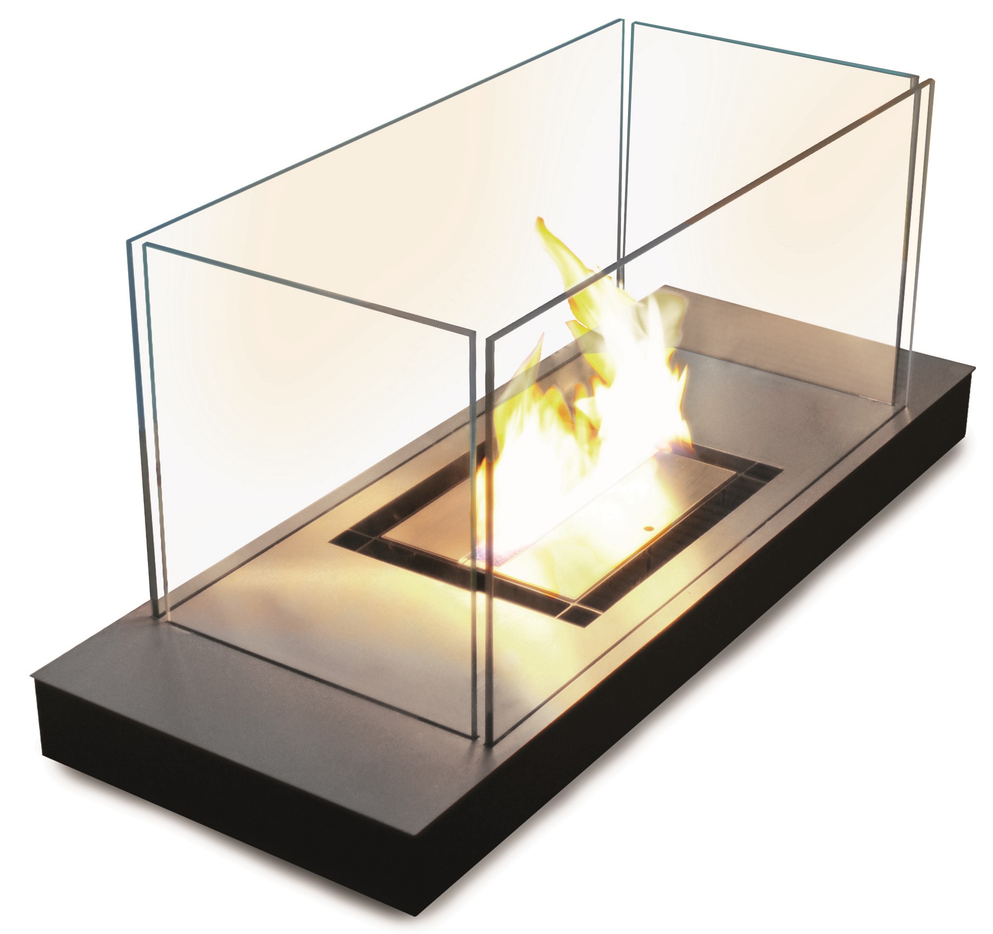 Uni Flame Ethanol Kamin Radius mit Glasumrandung, moderner Tischkamin für Innenräume, stimmungsvolles Feuer.