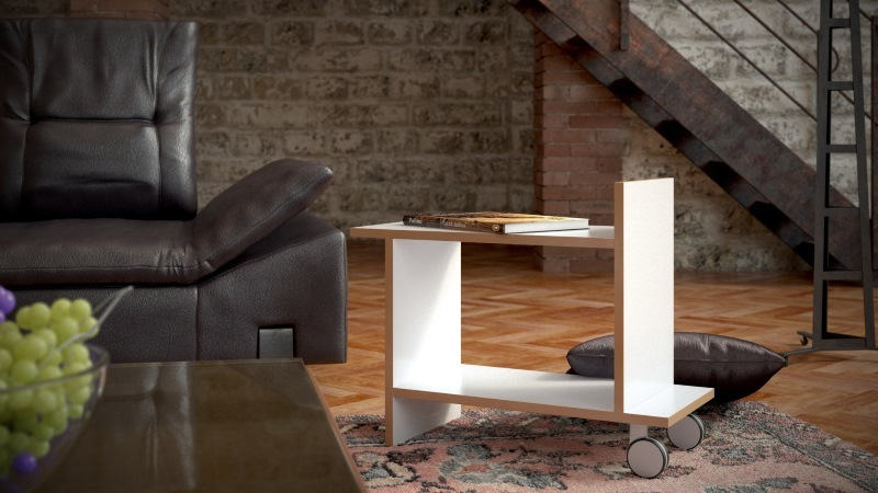 Weißer Tojo Beistelltisch mit Rollen und zwei Ablageflächen neben einem Ledersofa im Wohnzimmer.