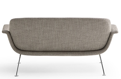 Rückansicht: KN05 Zweisitzer Sofa von Knoll International mit grauem Stoffbezug und filigranem Chromgestell.