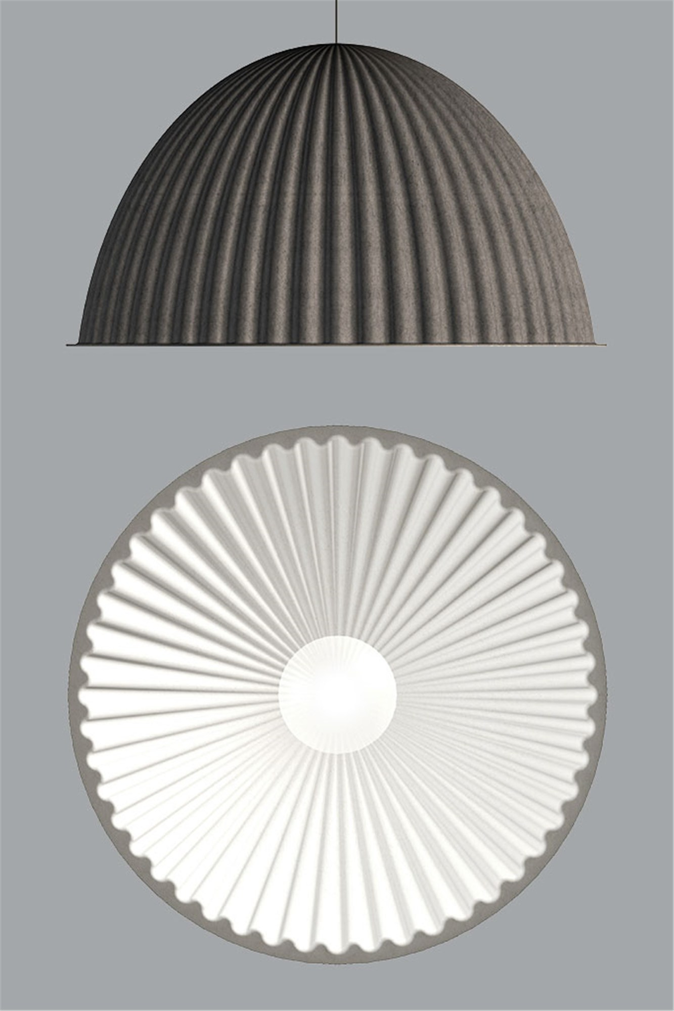 Graue Under The Bell Pendelleuchte von Muuto, Seitenansicht und Ansicht von unten mit Licht.