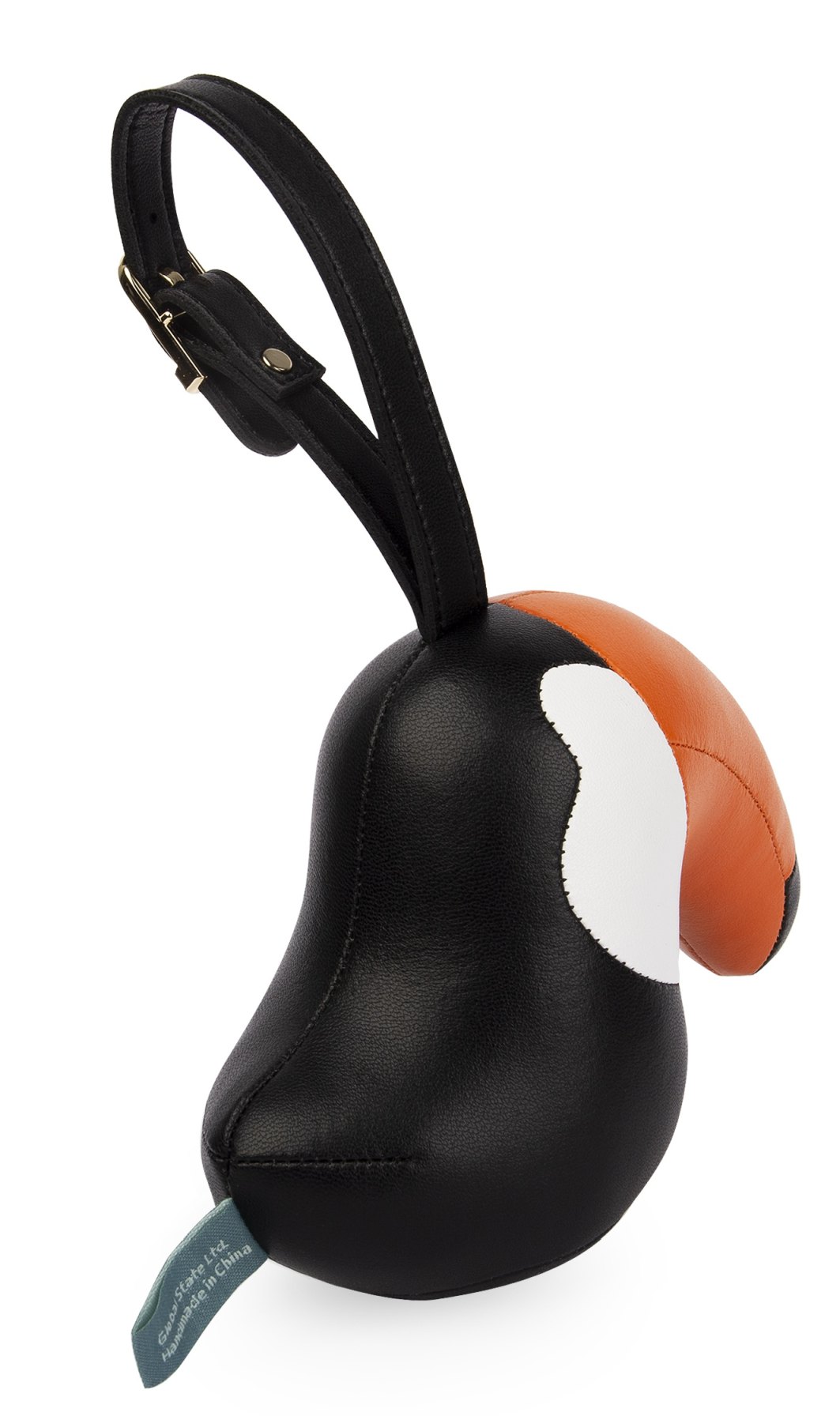 Detailaufnahme: Schwarzer und orangefarbener Tukan-Taschenanhänger mit Lederriemen, ein stilvolles Accessoire für Handtaschen.