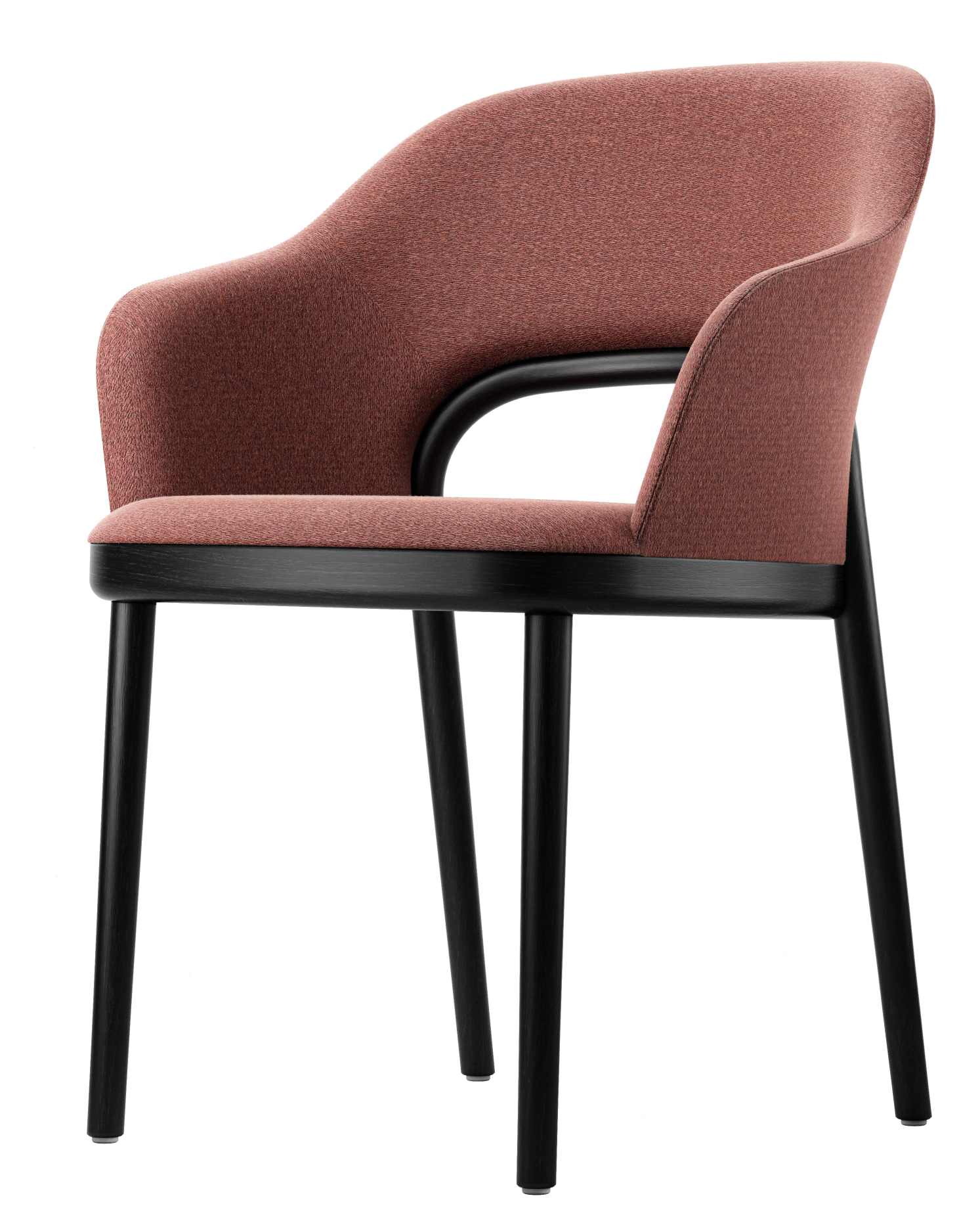 520 PF Polsterstuhl von Thonet mit Armlehnen, Bezug in Rosa und schwarzem Holzgestell.