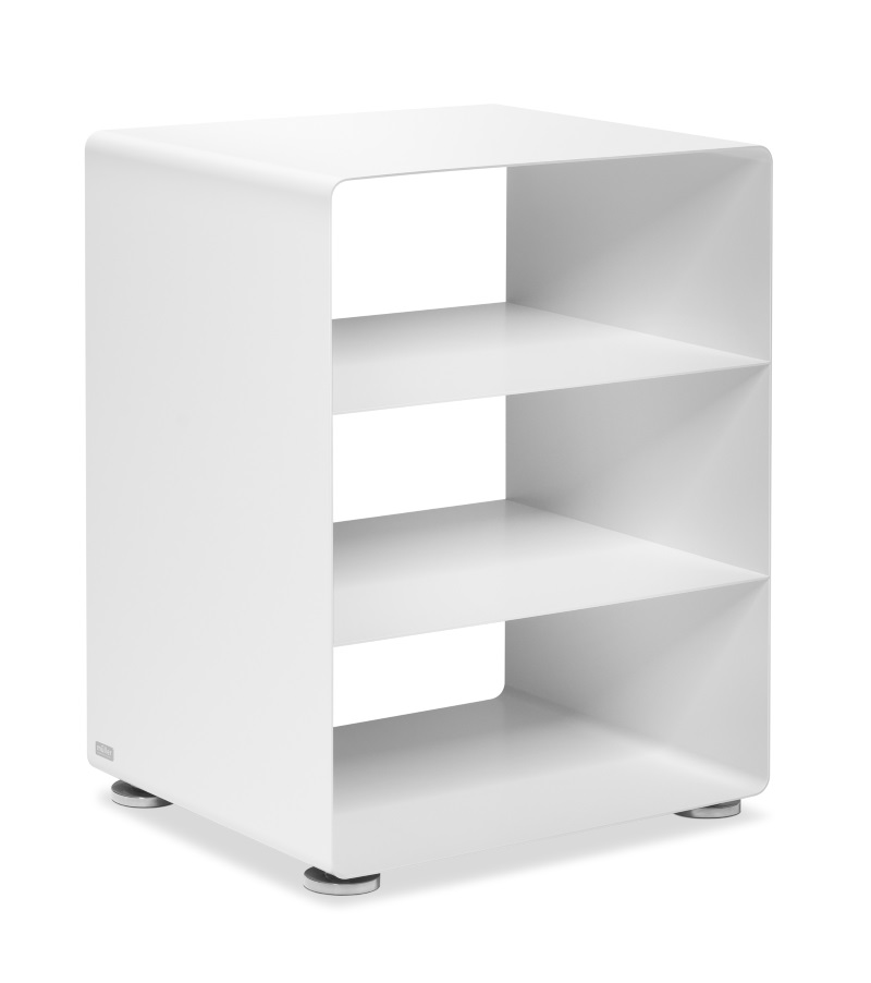 Weißes R 600N Hifi-Rack von Müller Möbelfabrikation mit drei Regalböden für Audio-Geräte.